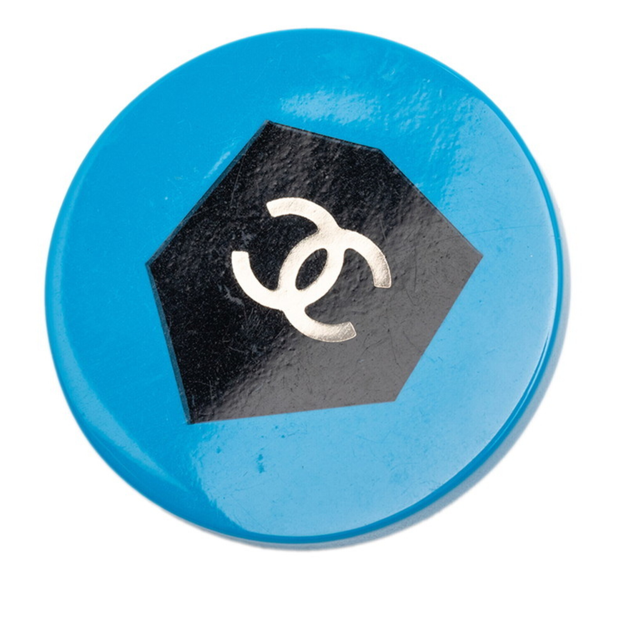 Chanel Coco Mark Round Logo Pin Brooch, 07a Engraving, Black And Blue Plastic...
